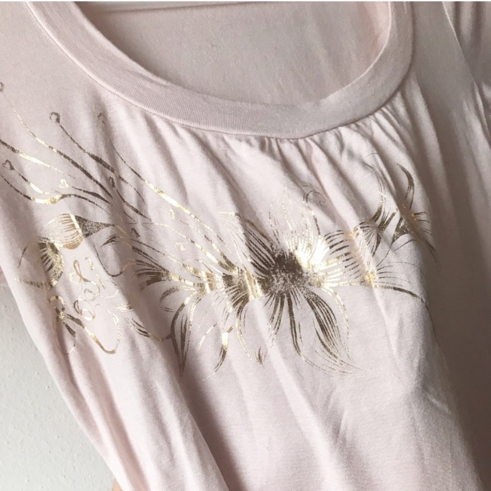 Blush top with gold foil floral print and ruching